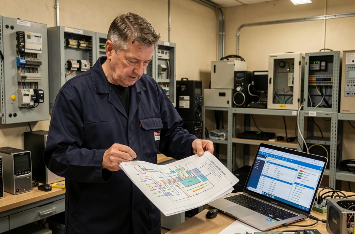 Technicien polyvalent consultant des schémas électriques et un outil de diagnostic informatique dans un atelier mixte