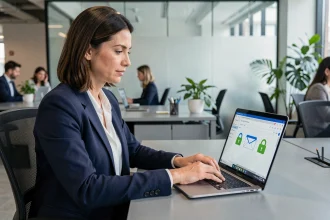 Femme professionnelle sécurisant ses emails sur un ordinateur portable dans un bureau moderne