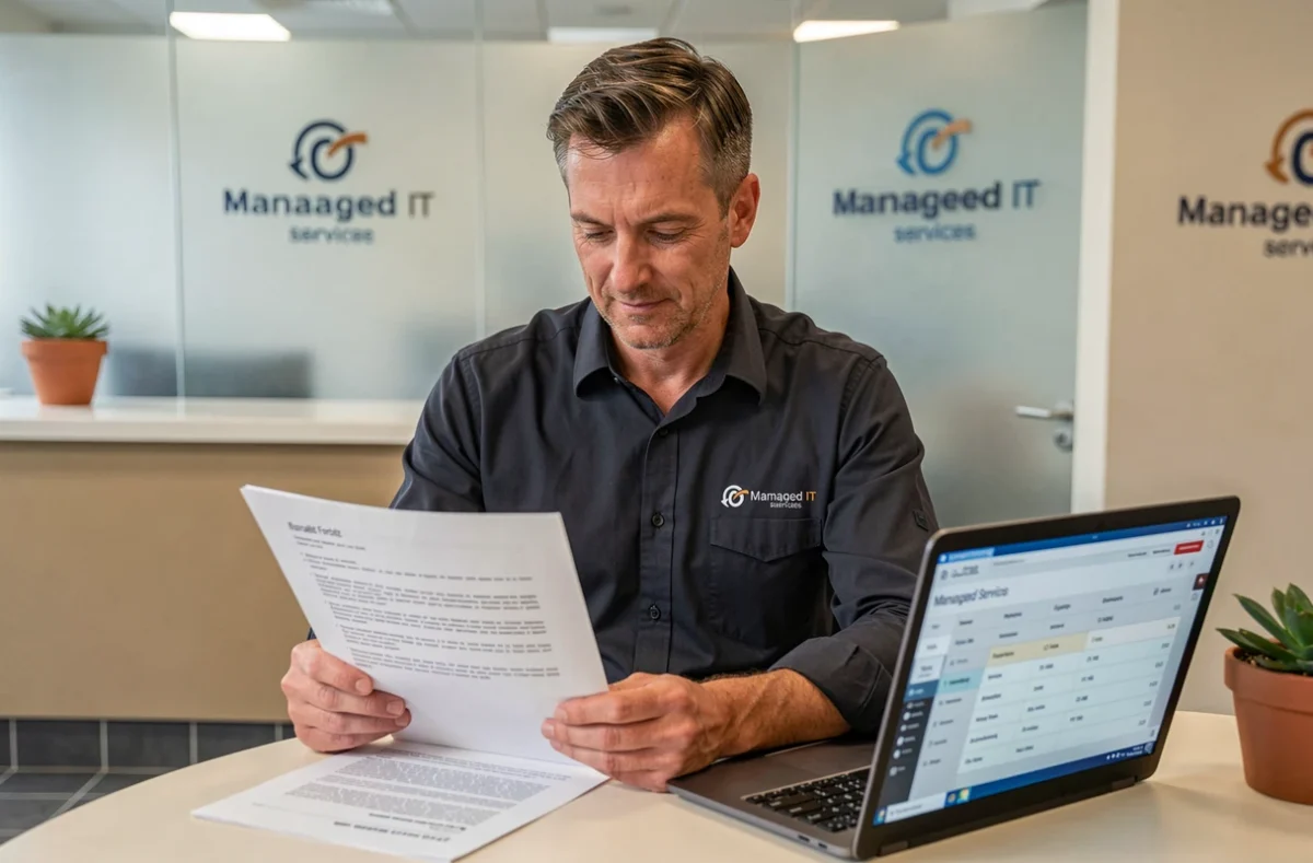 Spécialiste en infogérance de SIE Grand-Est à Metz examinant un contrat forfaitaire avec un client devant un ordinateur portable