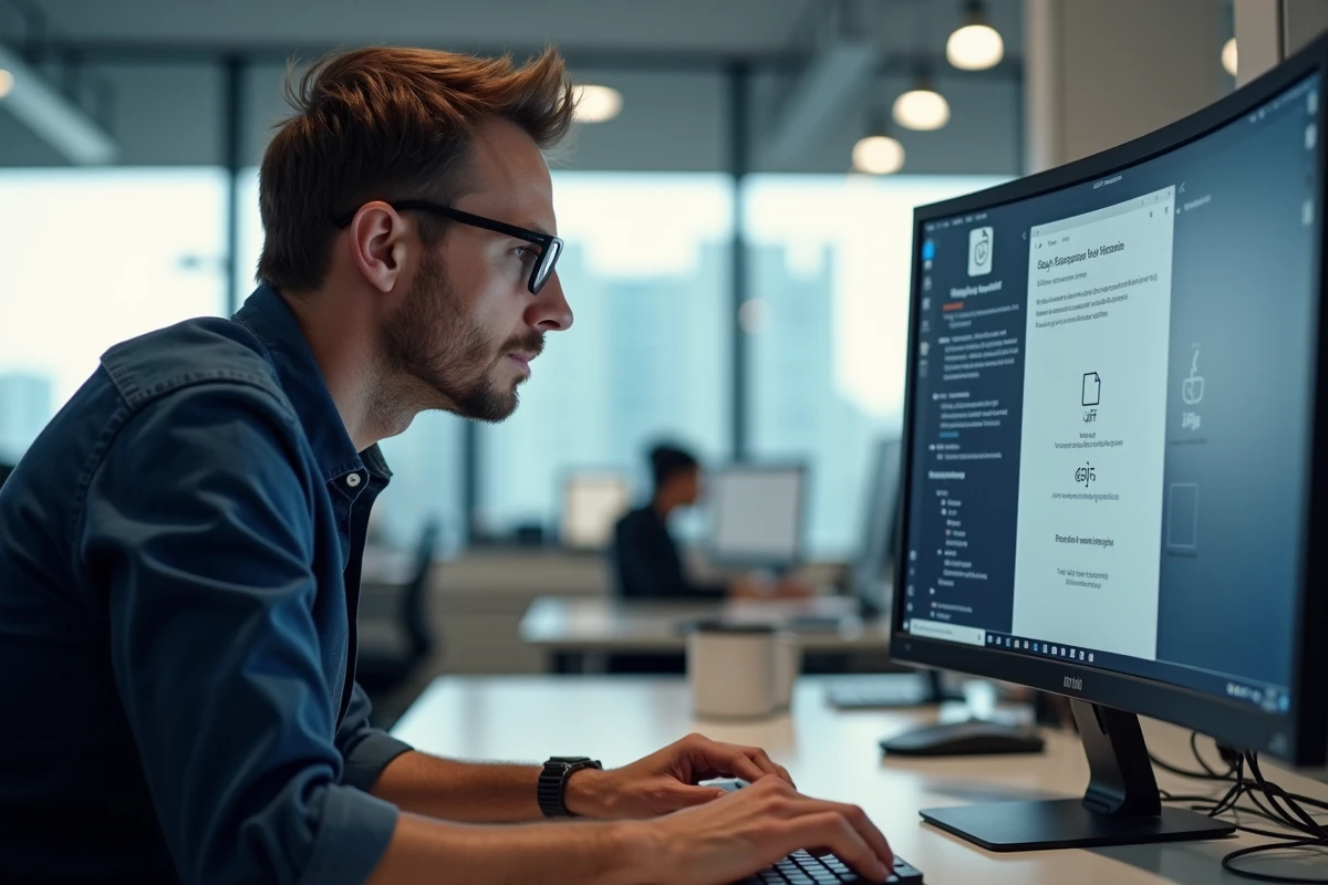 Homme utilisant un PC de bureau Windows pour résoudre un problème de format de fichier image .jfif