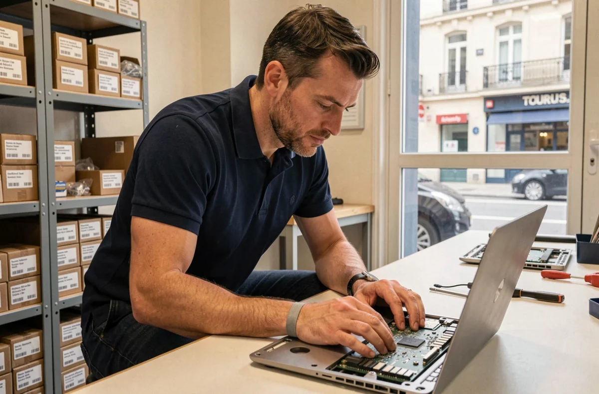 Technicien de dépannage informatique SOS Depann PC-37 réparant un ordinateur portable à Tours