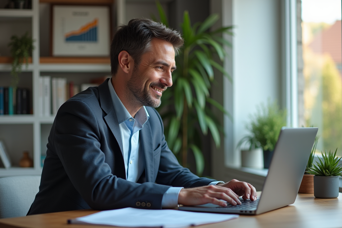 Homme SEO souriant travaillant seul dans un bureau à domicile