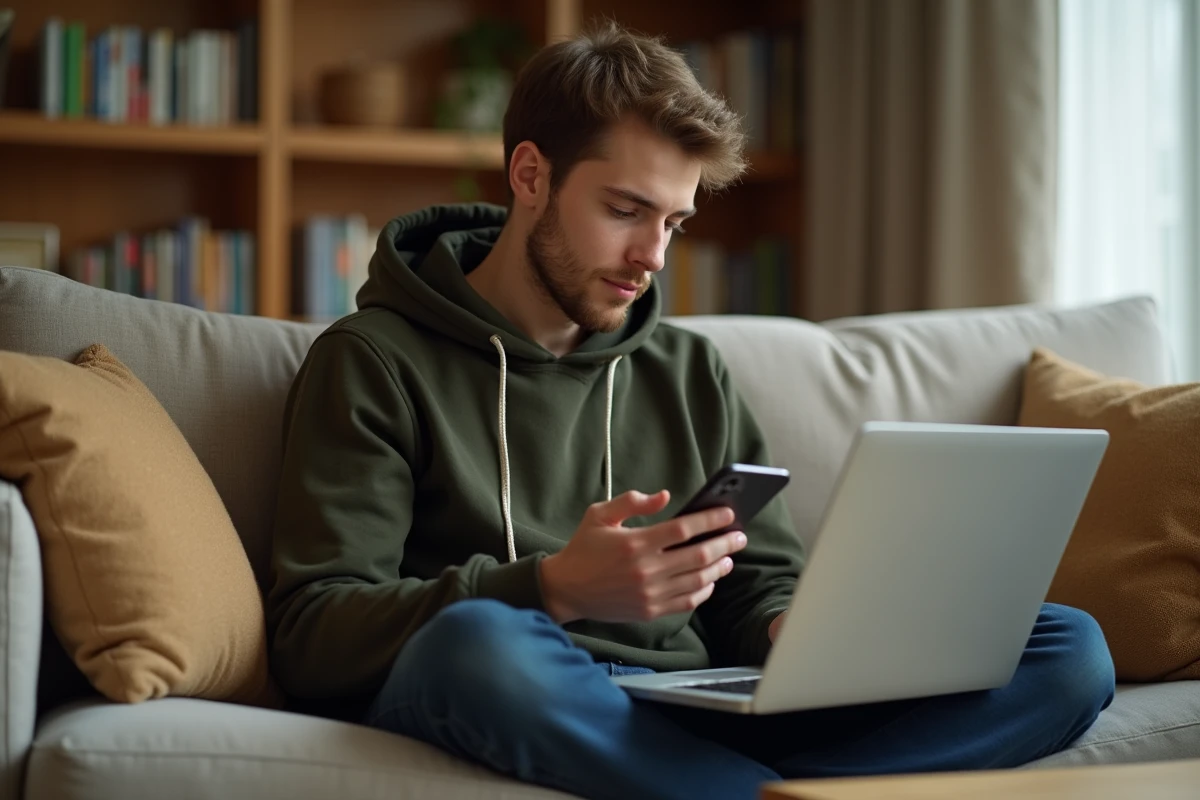 Jeune adulte synchronisant ses mots de passe Chrome entre smartphone et ordinateur portable depuis son salon