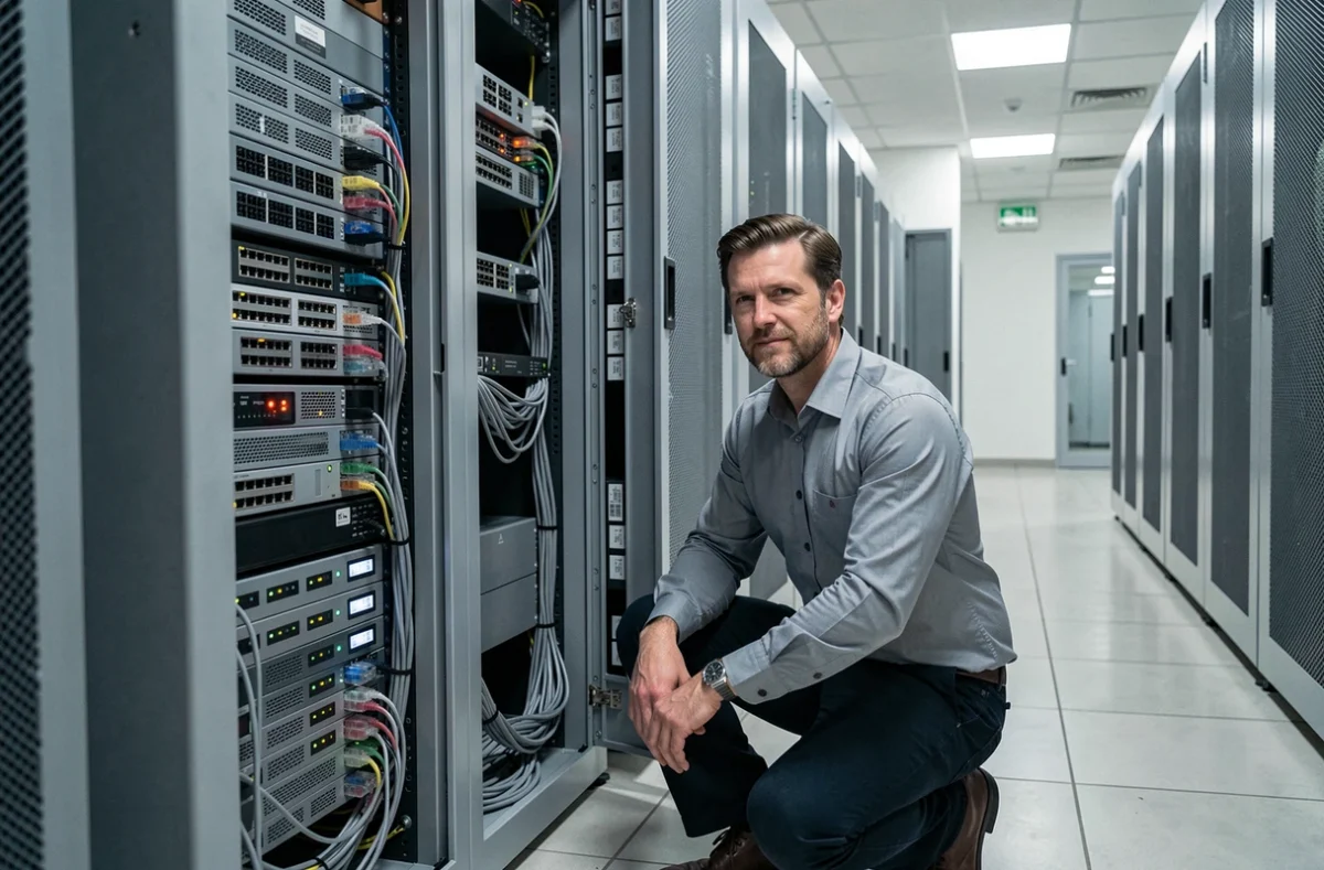 Technicien réseau Techni Pro Informatique Service configurant un rack serveur à Tours