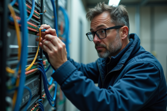 Technicien inspectant des câbles fibre optique en atelier
