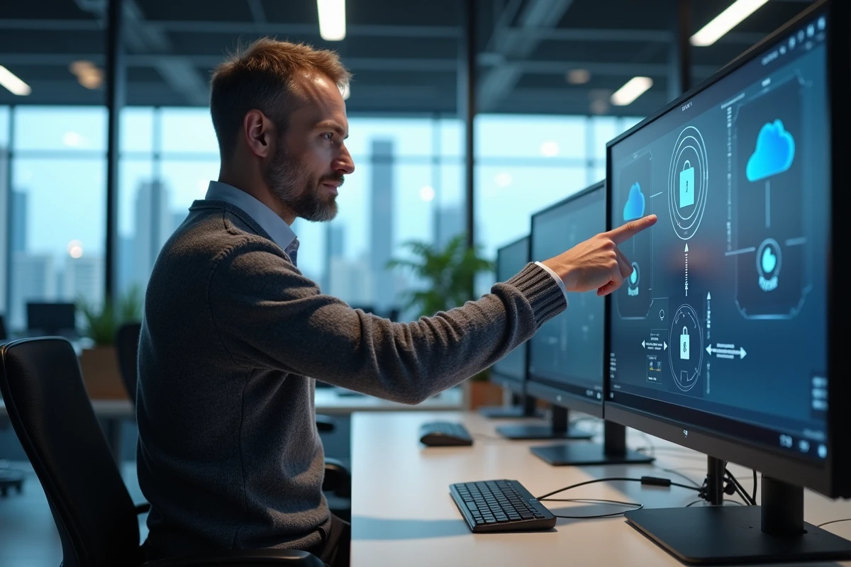 Technicien informatique pointant un icone réseau sur un écran en bureau