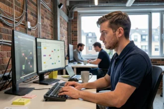 Technicien informatique professionnel travaillant sur un poste de travail dans une entreprise du Loiret