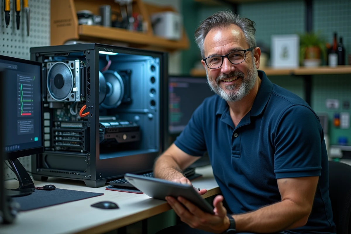 Technicien informatique vérifiant les pilotes d'un ordinateur de bureau dans un atelier de réparation