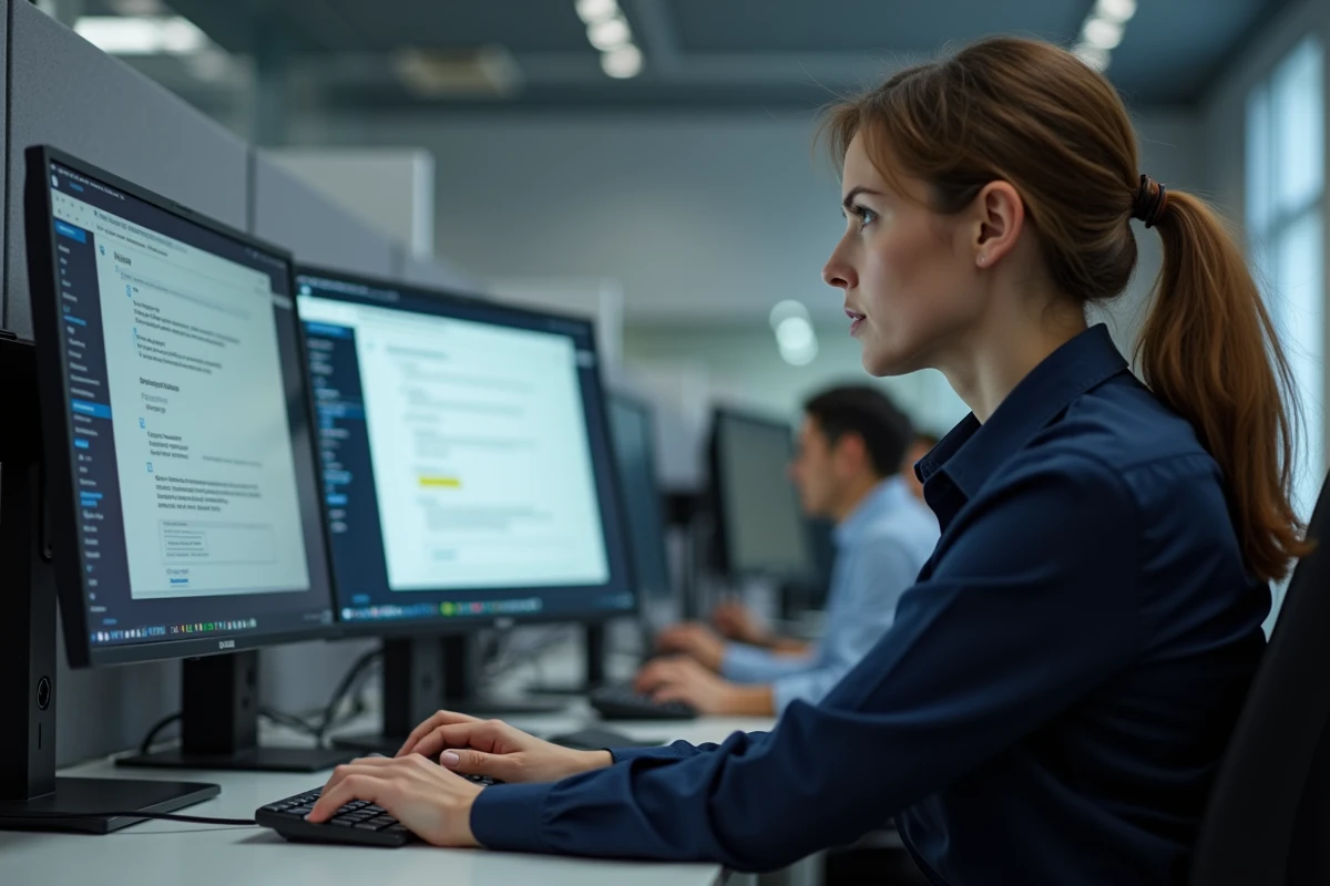 Technicienne informatique analysant la compatibilité d'un plugin sur un poste de travail multi-écrans