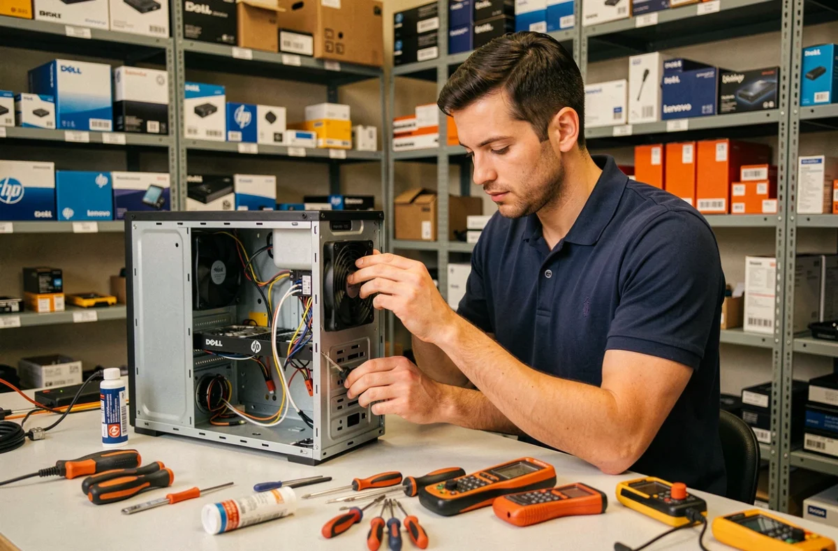Technicien réparant un ordinateur de bureau toutes marques dans un atelier de dépannage informatique à Nantes