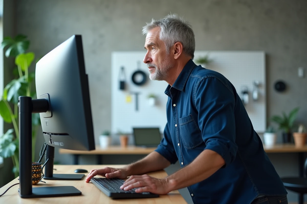 Homme en télétravail debout devant deux moniteurs 24 pouces sur un bureau debout dans un bureau minimaliste