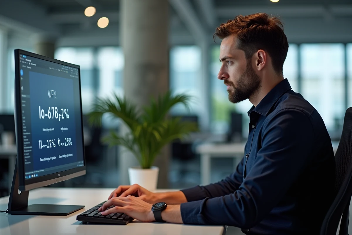 Homme en open space testant sa vitesse de frappe sur un clavier AZERTY avec résultats affichés sur écran