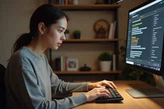 Jeune femme tapant rapidement sur un clavier AZERTY lors d'un test de vitesse de frappe en bureau à domicile