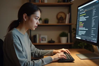 Jeune femme tapant rapidement sur un clavier AZERTY lors d'un test de vitesse de frappe en bureau à domicile