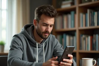 Jeune homme suivant un tutoriel pas à pas sur l'application 9buddy pour Android depuis son bureau à domicile