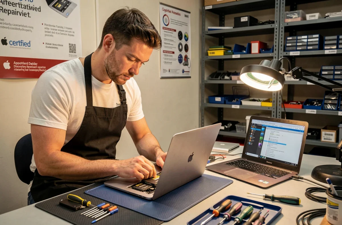 Technicien remplaçant la batterie d'un MacBook dans un atelier de réparation Apple et PC à Nantes