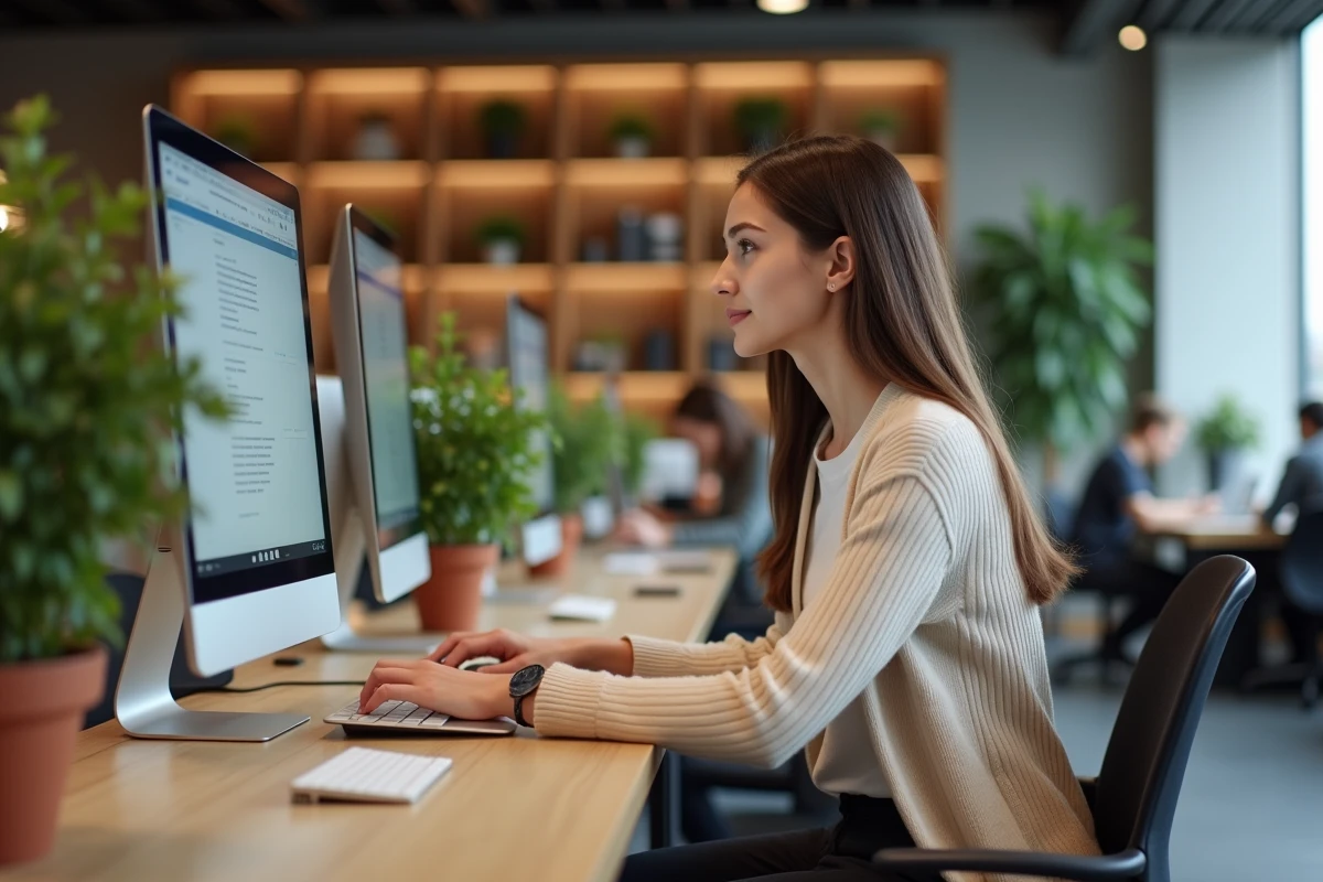 Utilisatrice en télétravail accédant à son bureau virtuel personnalisé via une session Citrix sur poste partagé