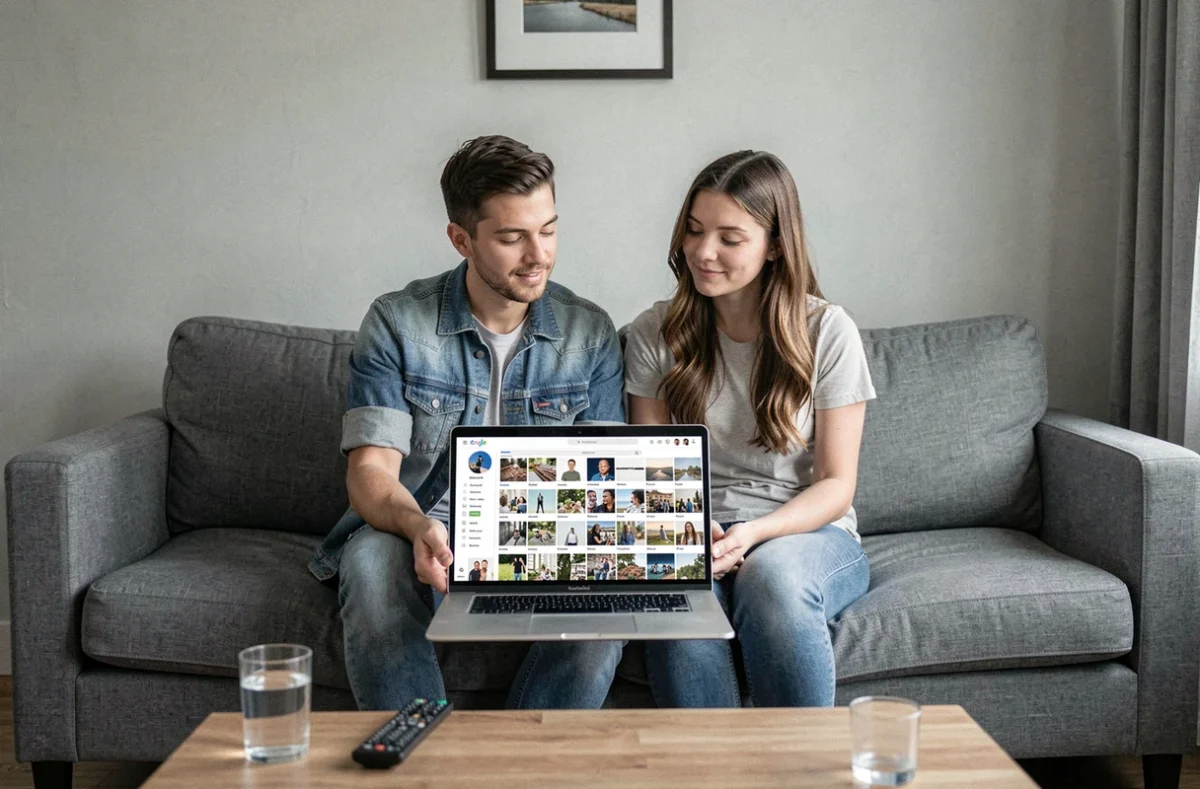 Deux amis regardant un profil Instagram sur ordinateur portable dans un salon
