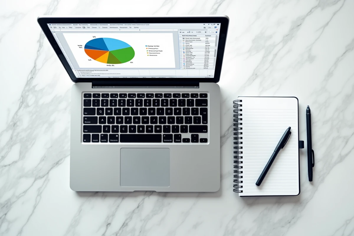 Vue aérienne d'un ordinateur portable affichant un graphique semi-circulaire Excel avec un carnet de notes sur bureau en marbre