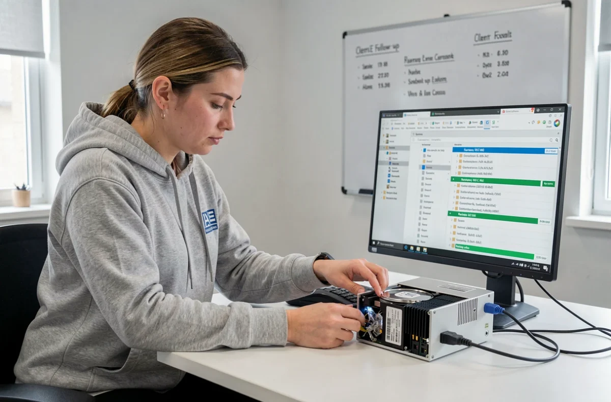 Spécialiste en récupération de données connectant un disque dur endommagé à un appareil de récupération professionnel