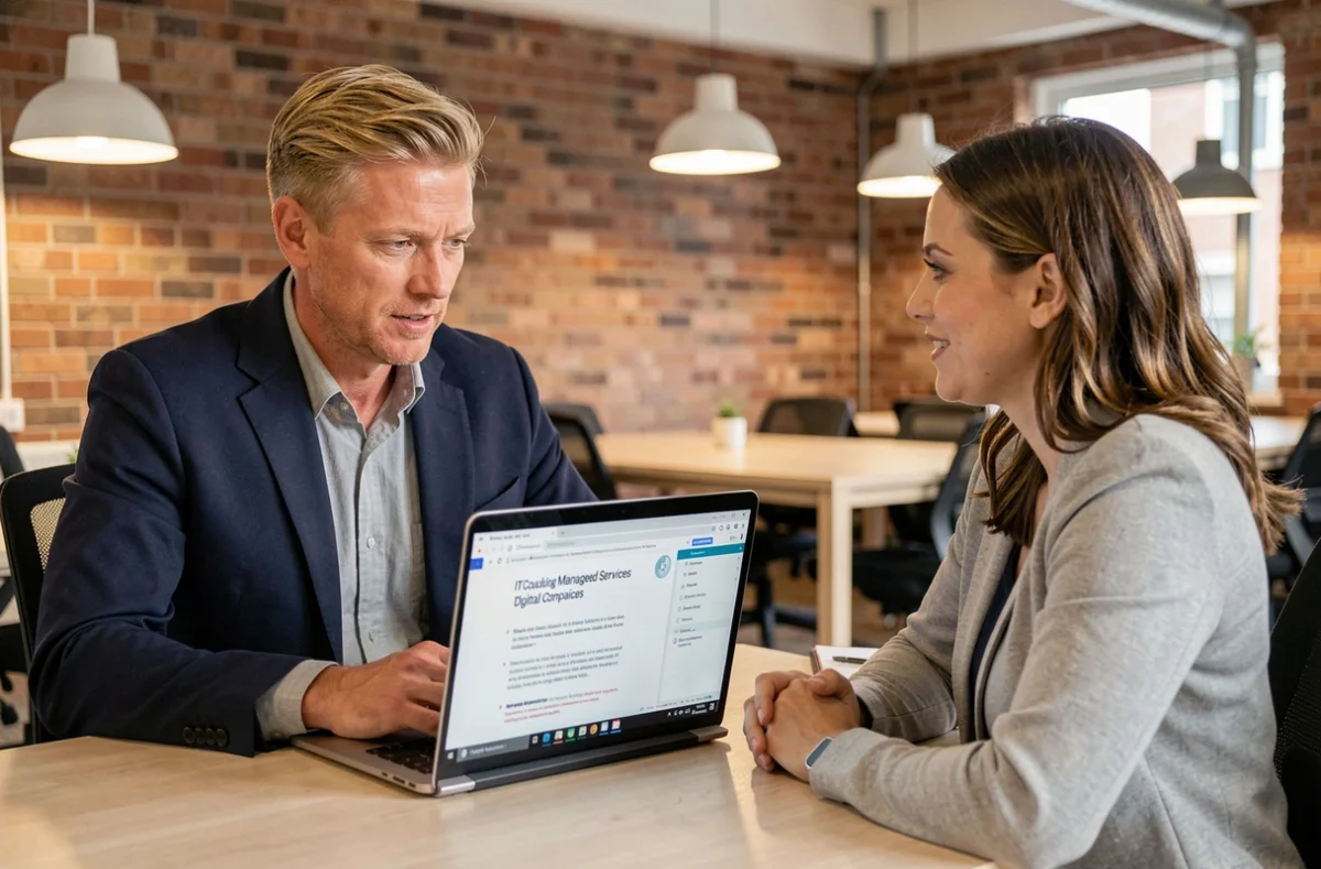 Consultant informatique de Wardyn conseillant une prestataire de services numériques dans un espace de co-working moderne