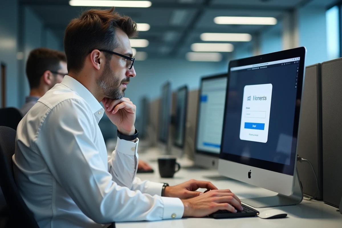 Homme en chemise blanche dans un bureau professionnel attendant le chargement de sa messagerie académique sur un ordinateur de bureau