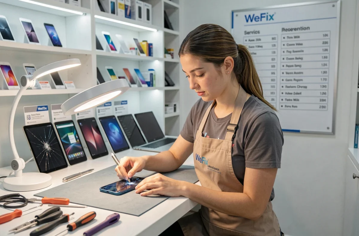 Technicienne WeFix réparant rapidement un smartphone sur un établi professionnel
